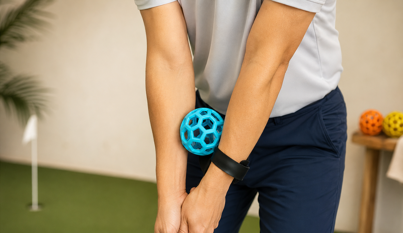 Turquoise Connection Ball golf swing trainer between a golfer's forearms, with orange and yellow color options