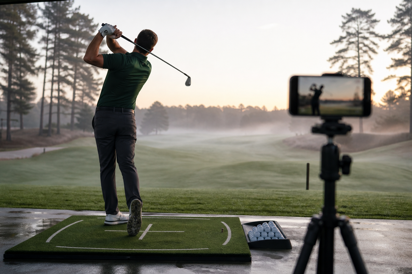 Golfer finishing an iron swing at a misty dawn range while a phone on a tripod films from behind