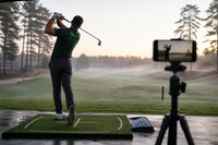 Golfer finishing an iron swing at a misty dawn range while a phone on a tripod films from behind