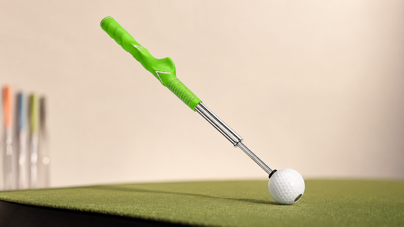Green Tempo Trainer telescoping golf swing aid on an indoor practice surface